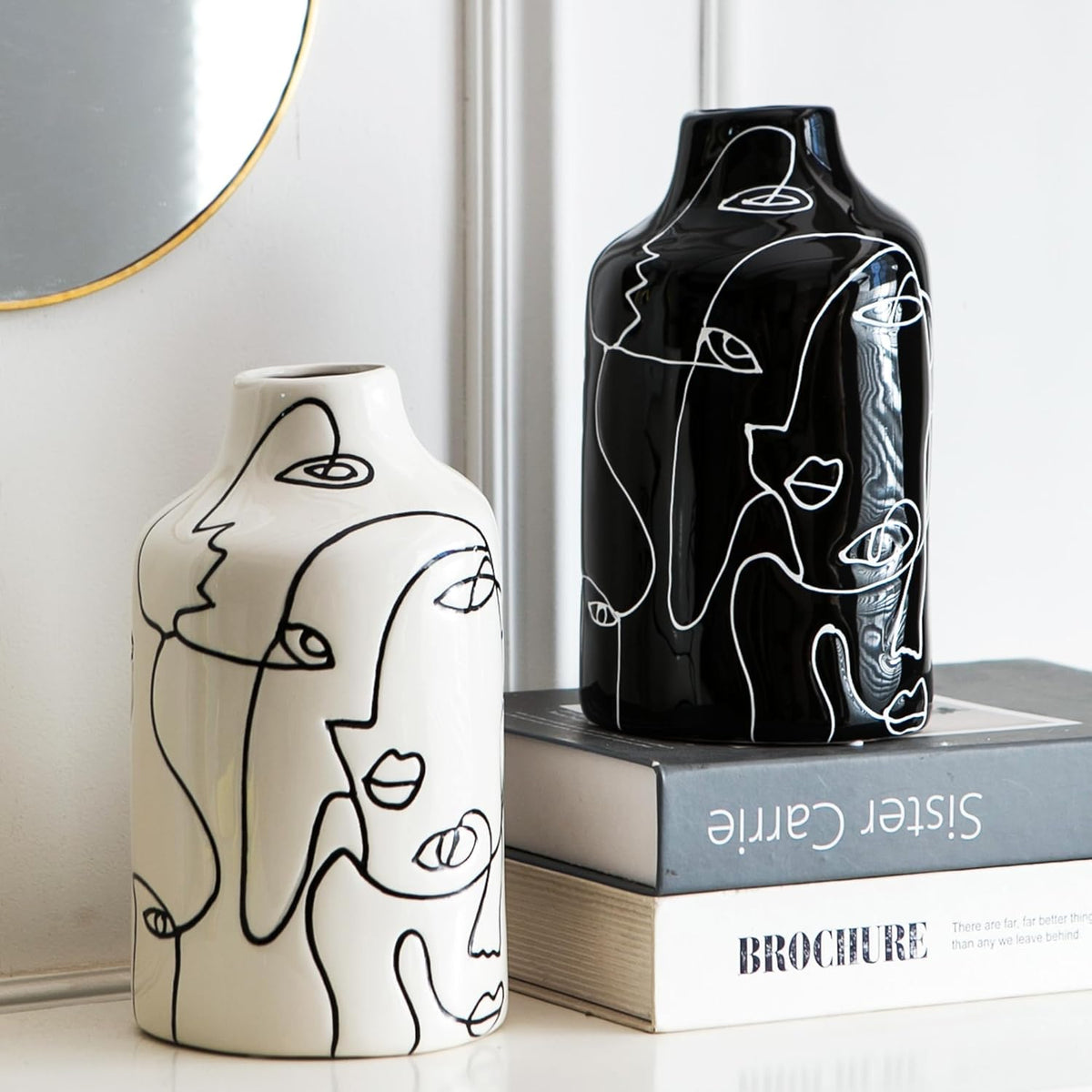 Abstract Face Ceramic Vase in Black and White Set – image 12