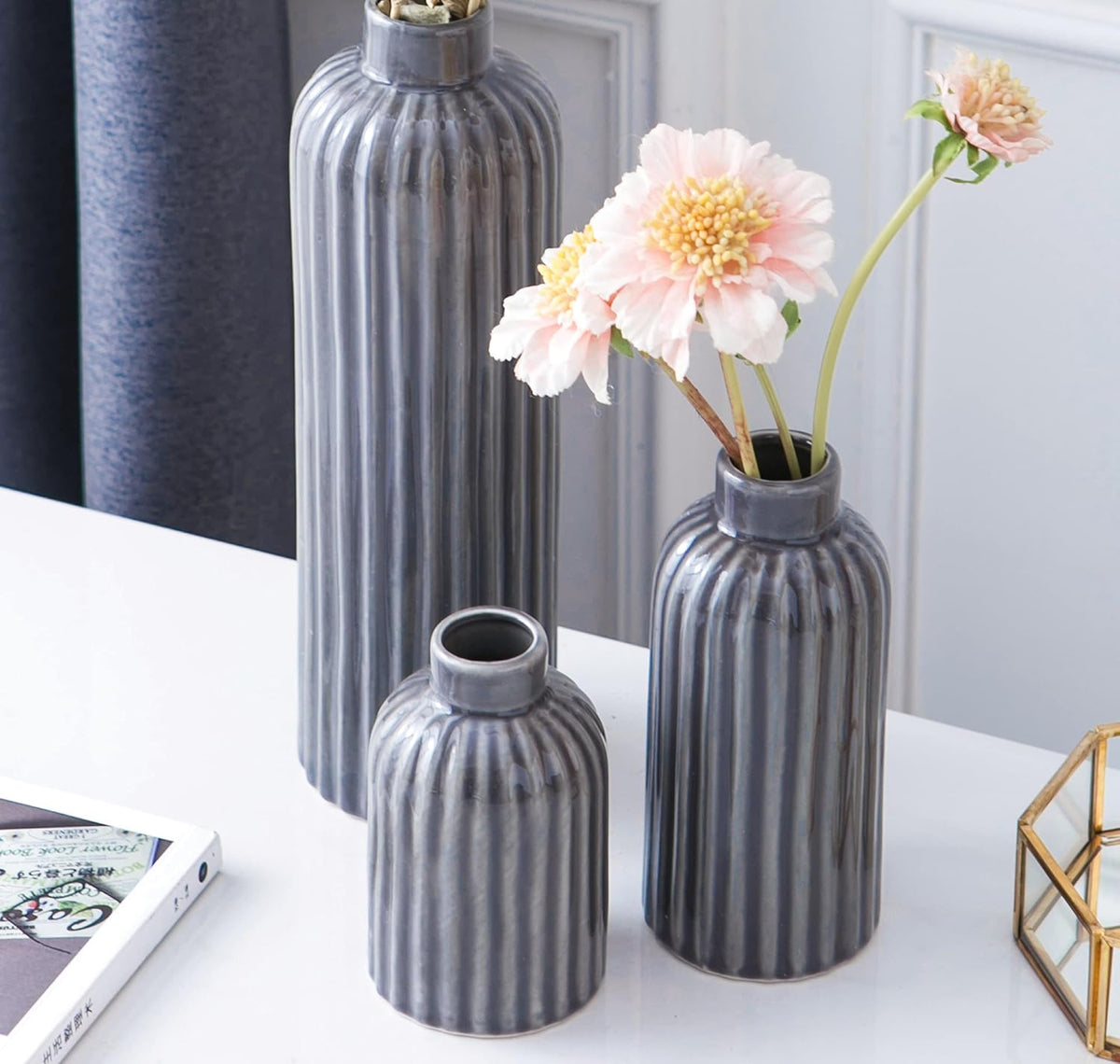 Set of 3 Blue Glazed Ceramic Vases – image 4