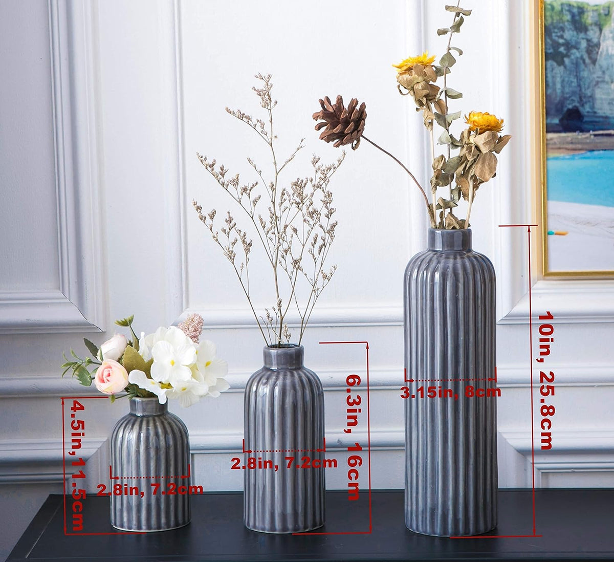 Set of 3 Blue Glazed Ceramic Vases – image 5