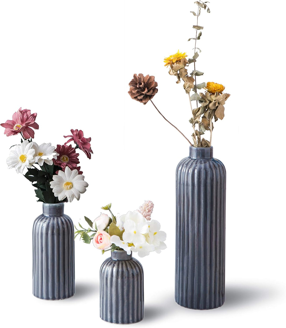 Set of 3 Blue Glazed Ceramic Vases – image 2