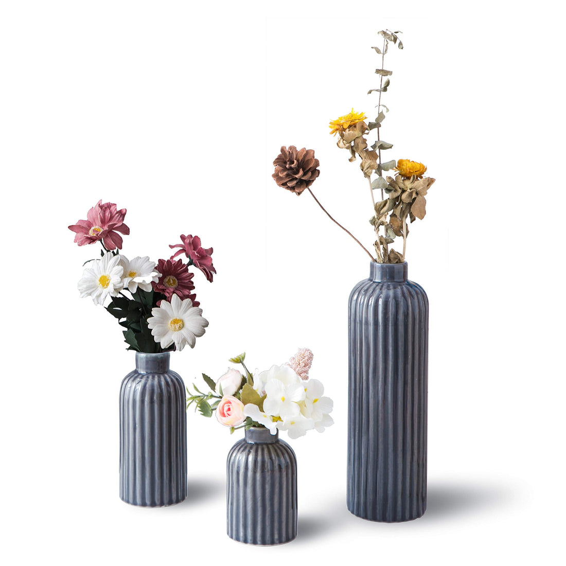 Set of 3 Blue Glazed Ceramic Vases – image 1