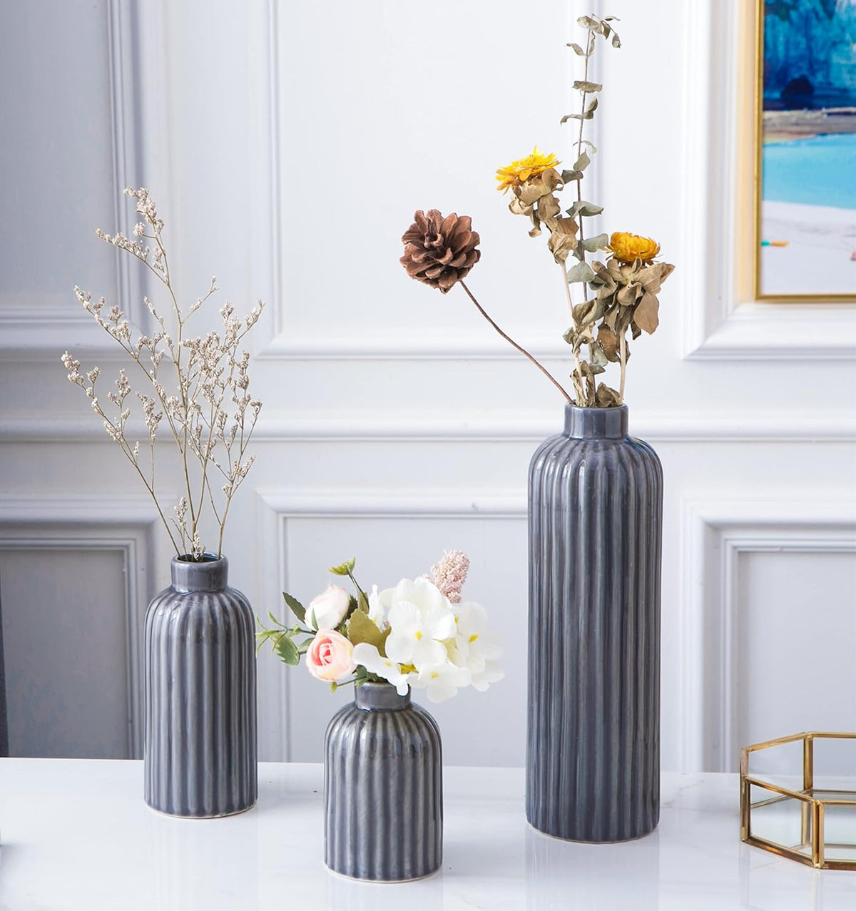Set of 3 Blue Glazed Ceramic Vases – image 7