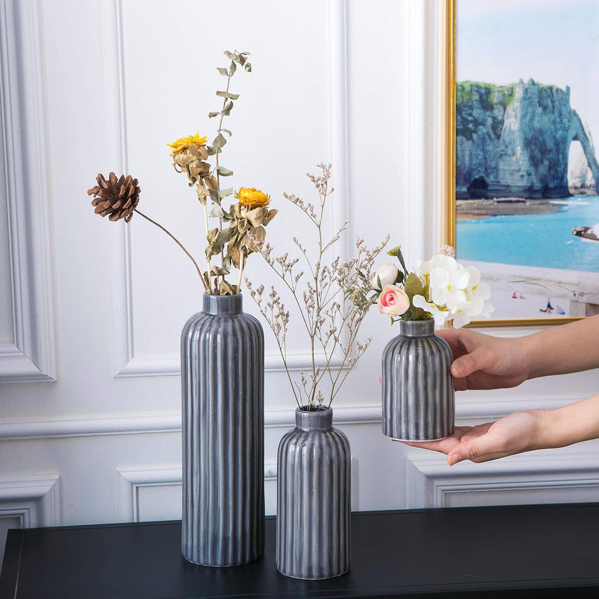 Set of 3 Blue Glazed Ceramic Vases – image 3